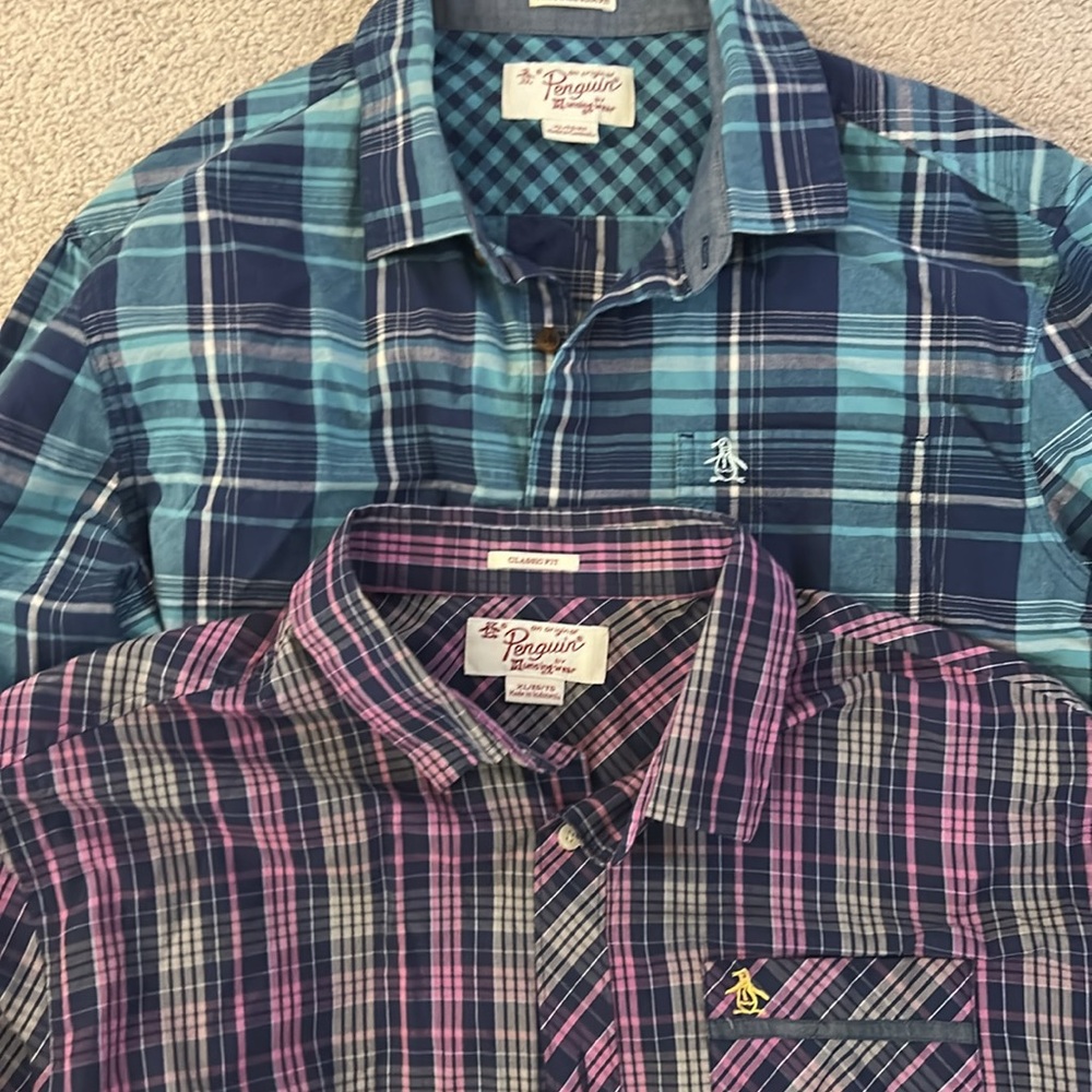 Original Penguin Men's Teal and Navy Plaid, and Navy and Purple plaid shirts. XL